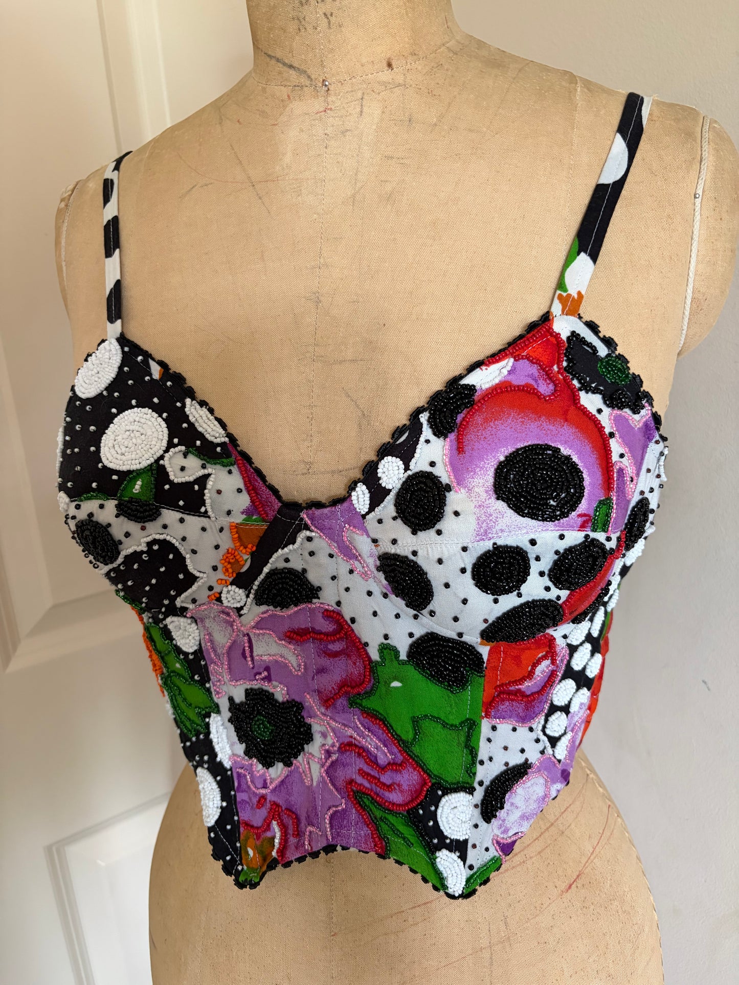 Beaded Patchwork Bustier with Polka Dots and Florals