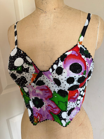 Beaded Patchwork Bustier with Polka Dots and Florals