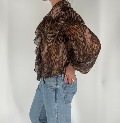 Abstract Print Ruffle Top With Pirate Sleeves