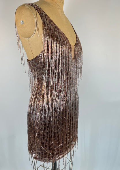 Mandalay Designs Beaded Fringe Dress With Sequin Cheetah