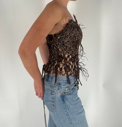 One-of-a-Kind Corset With Lace, Feathers, Exposed Boning and Beaded Appliqués