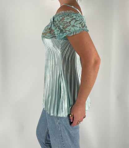 Babydoll Lace Tank With Bow Appliques and Satin Pleats