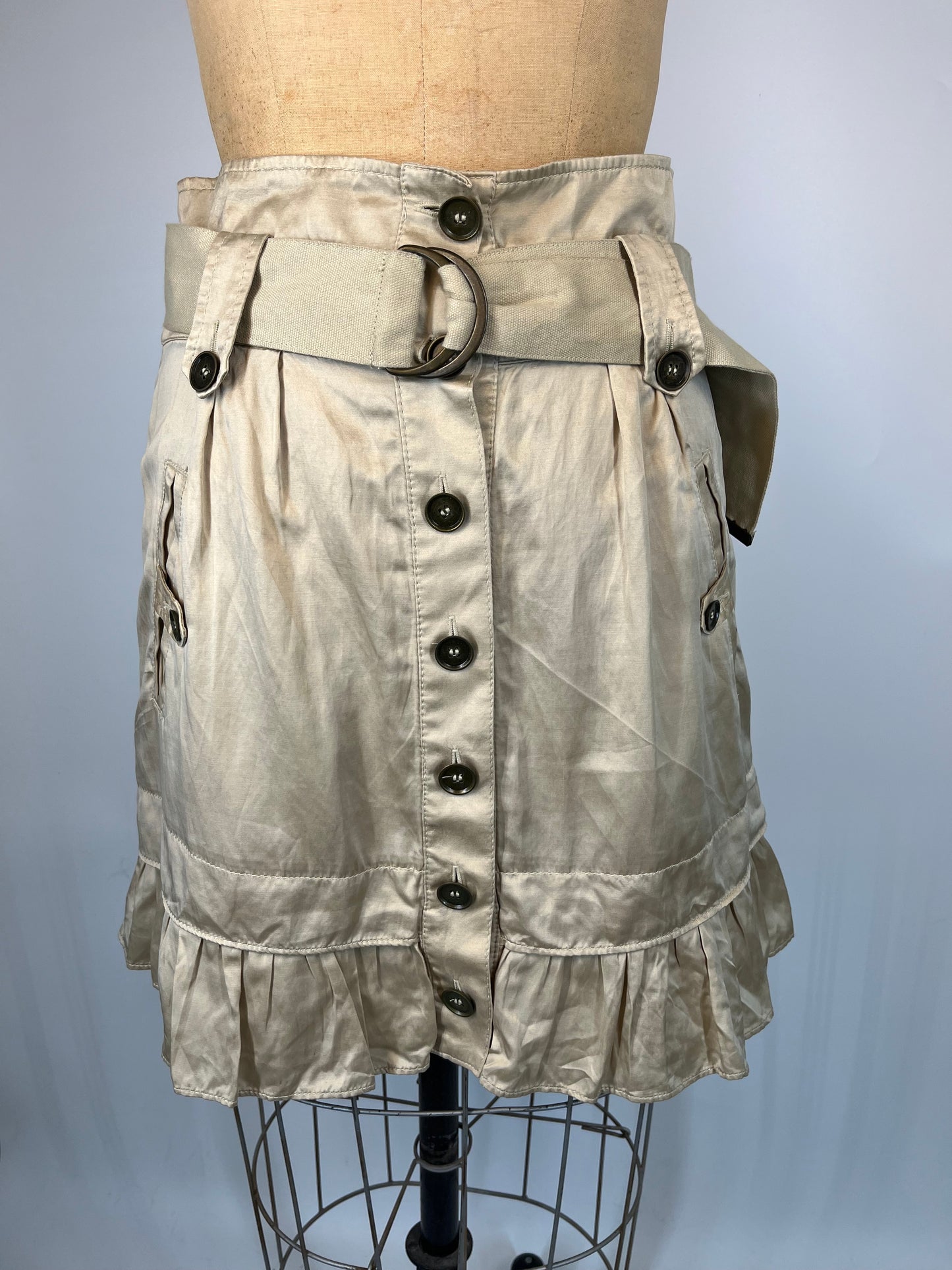 Satin Button Up Skirt with Ruffles and Adjustable Belt