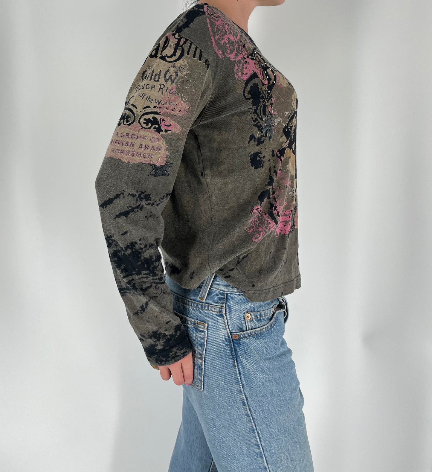 Wild West Vintage Long Sleeve With Distressed Look, Studs and Unique Graphic Print