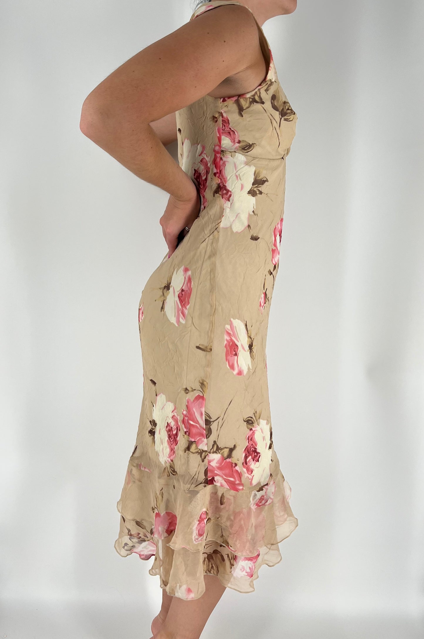 Elegant Floral Midi Dress With Bust Gathering and Ruffles