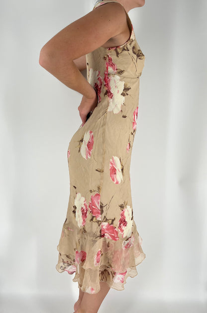 Elegant Floral Midi Dress With Bust Gathering and Ruffles