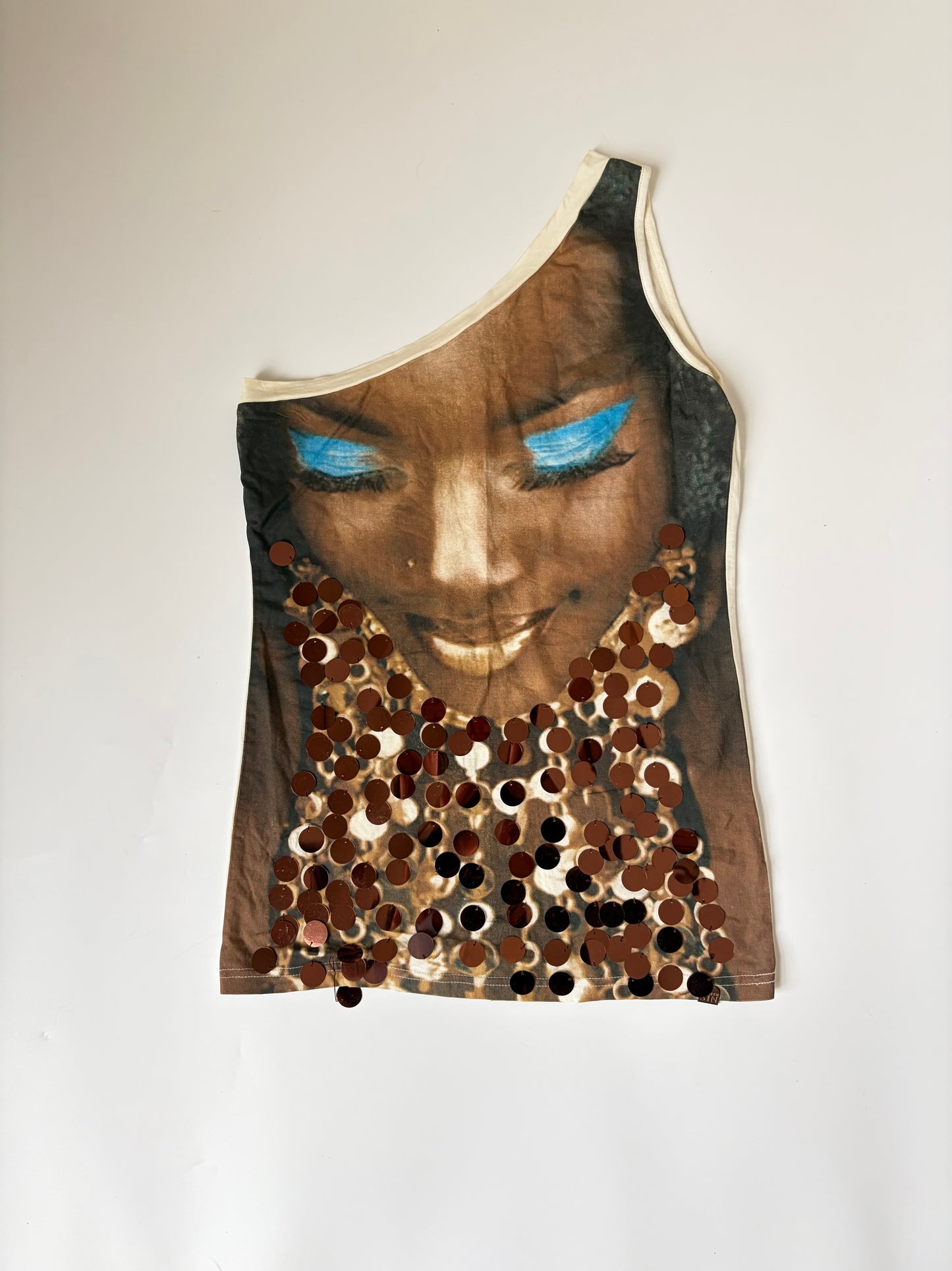 Euro Sequin Portrait One Shoulder Tank
