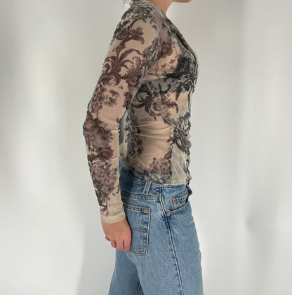 Graphic Print Mesh Long Sleeve Top With Wrap Front