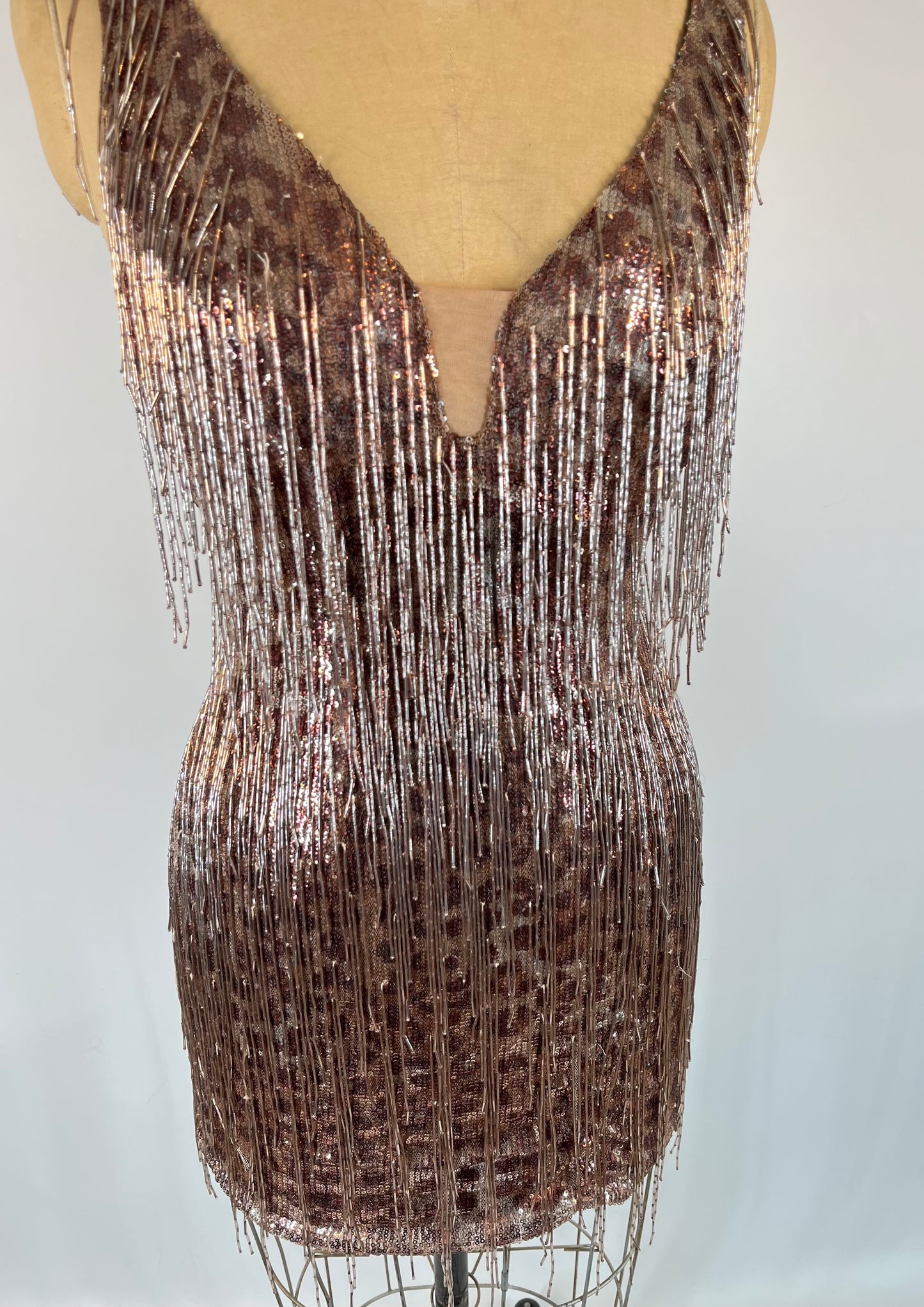 Mandalay Designs Beaded Fringe Dress With Sequin Cheetah