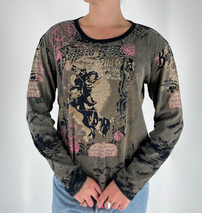 Wild West Vintage Long Sleeve With Distressed Look, Studs and Unique Graphic Print