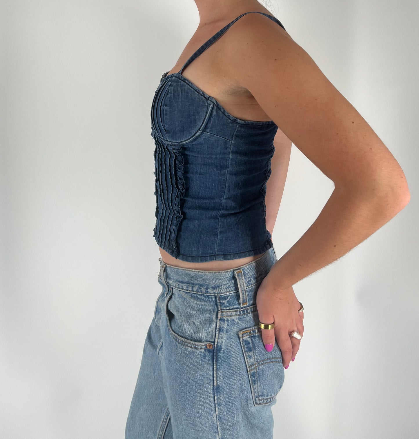 Denim Crop Top With Button Closure, Sweetheart Neckline and Puckering