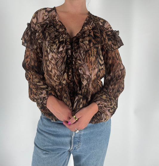 Abstract Print Ruffle Top With Pirate Sleeves