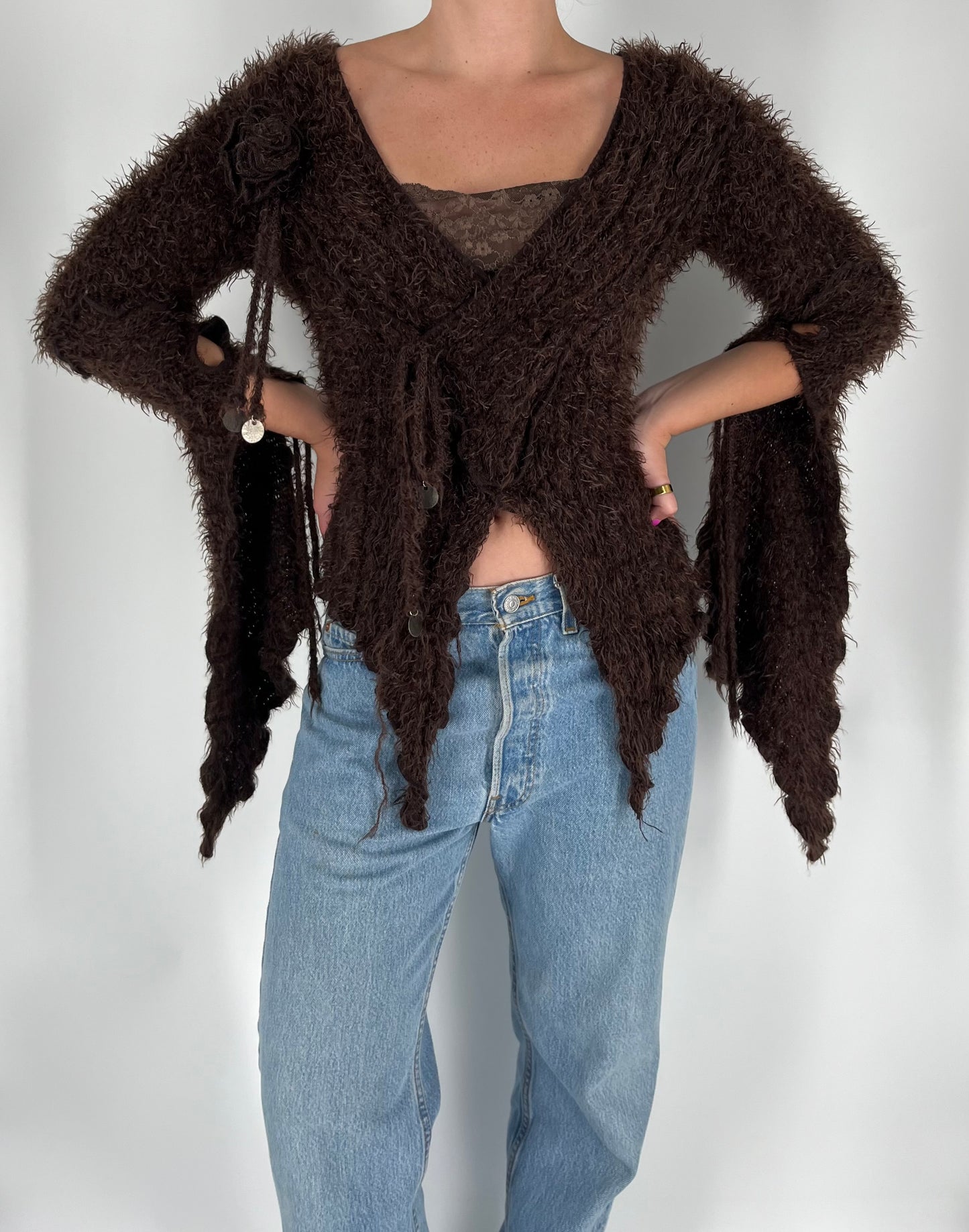 Made in France Rare Zone Bleue Sweater With Rosette, Flare Sleeves, Coin Accents and Illusion Lace Cami Underneath