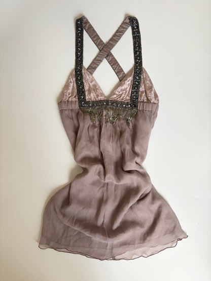 Silk and Velvet Dress with Beaded Chain Straps