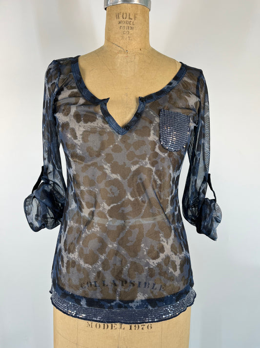 Mesh Cheetah Top With Sequin Accents and Adjustable 3/4 Sleeves