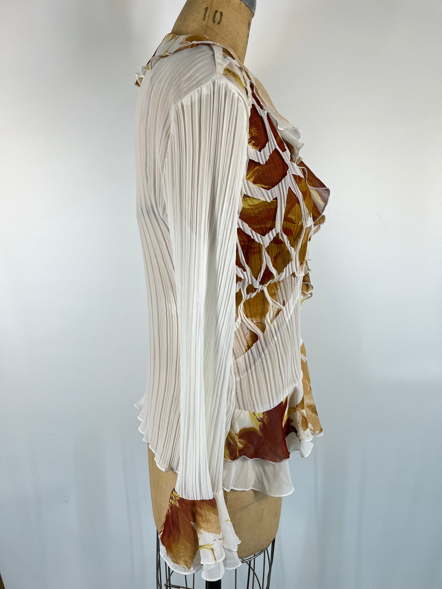 Sheer Ruffle Button Up With Floral Print and Unique Cutouts