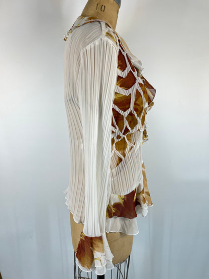 Sheer Ruffle Button Up With Floral Print and Unique Cutouts