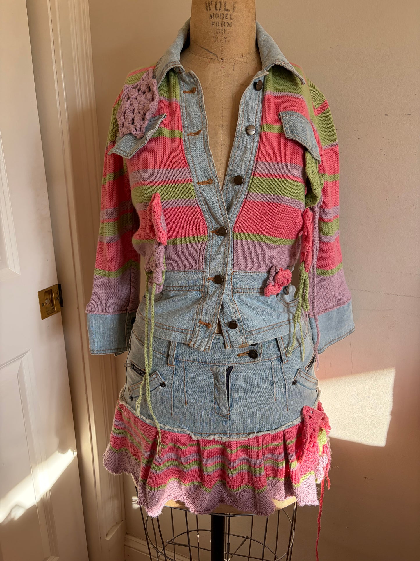 Made in Italy Denim Crochet Mini Skirt and Jacket Set
