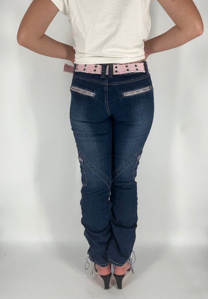 Y2K Jeans With Ruched Leg and Pink Accents