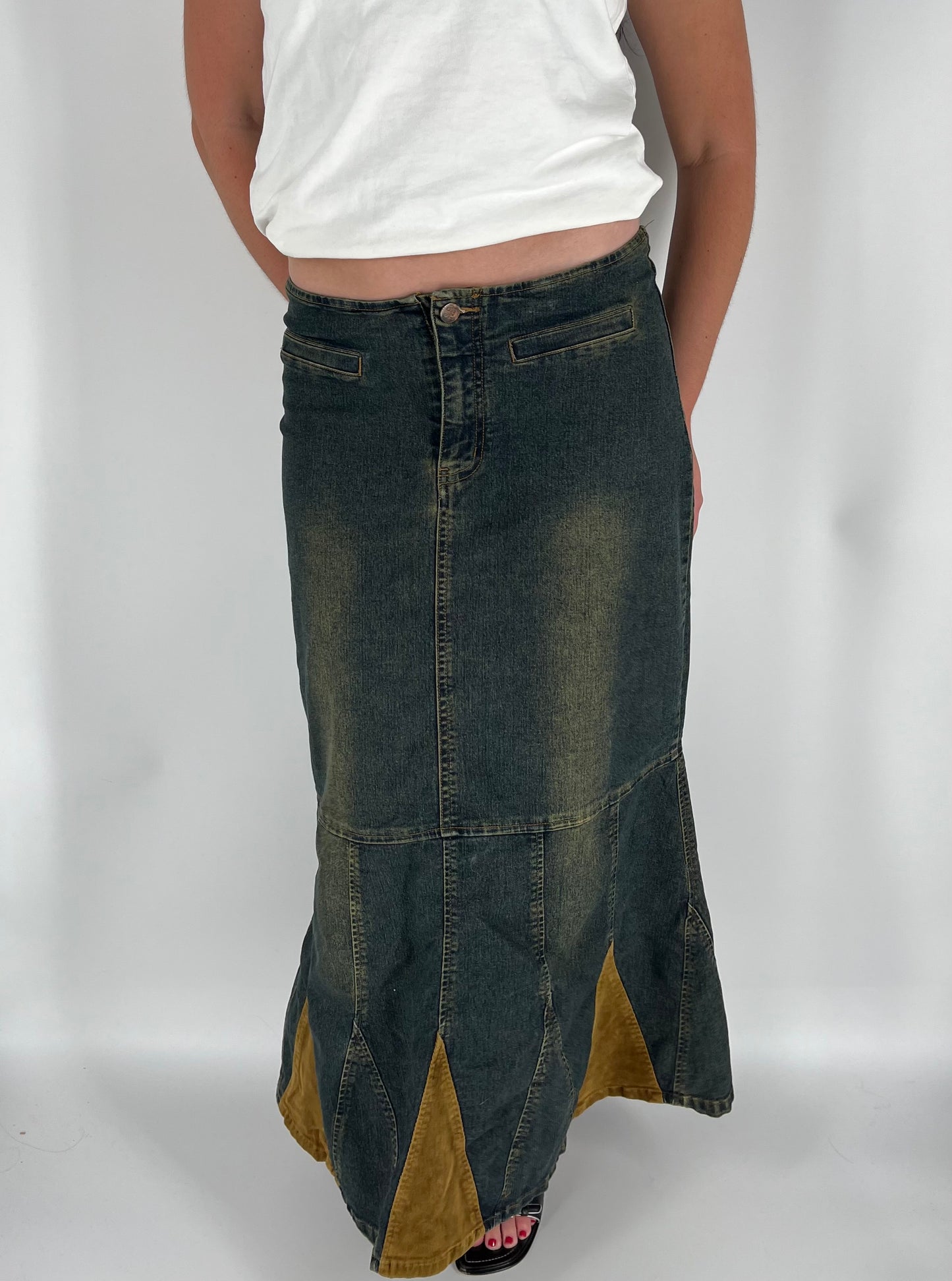 Y2K Fall Denim Maxi Skirt With Fading and Corduroy Accents