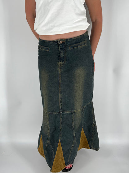Y2K Fall Denim Maxi Skirt With Fading and Corduroy Accents