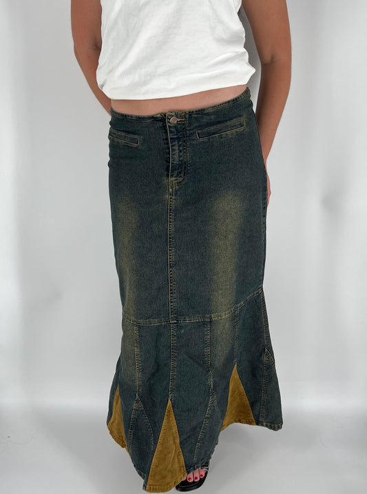 Y2K Fall Denim Maxi Skirt With Fading and Corduroy Accents