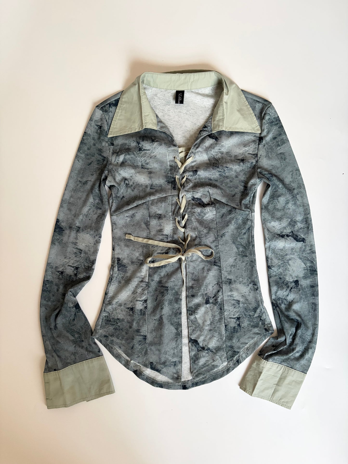 Distressed Print Collared Long Sleeve with Tie Up Closure