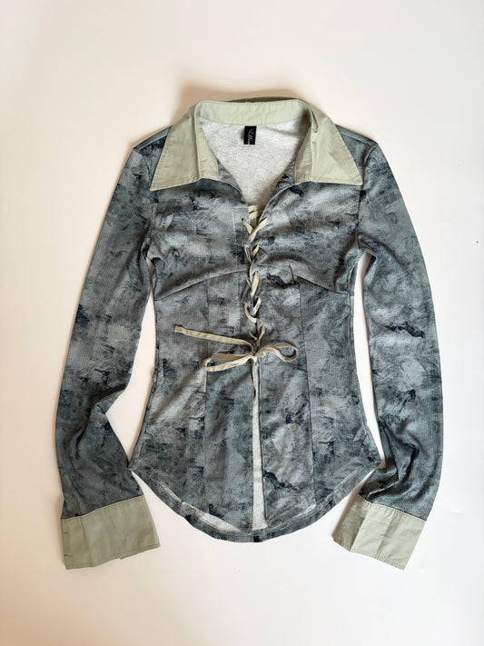 Distressed Print Collared Long Sleeve with Tie Up Closure