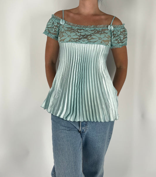 Babydoll Lace Tank With Bow Appliques and Satin Pleats