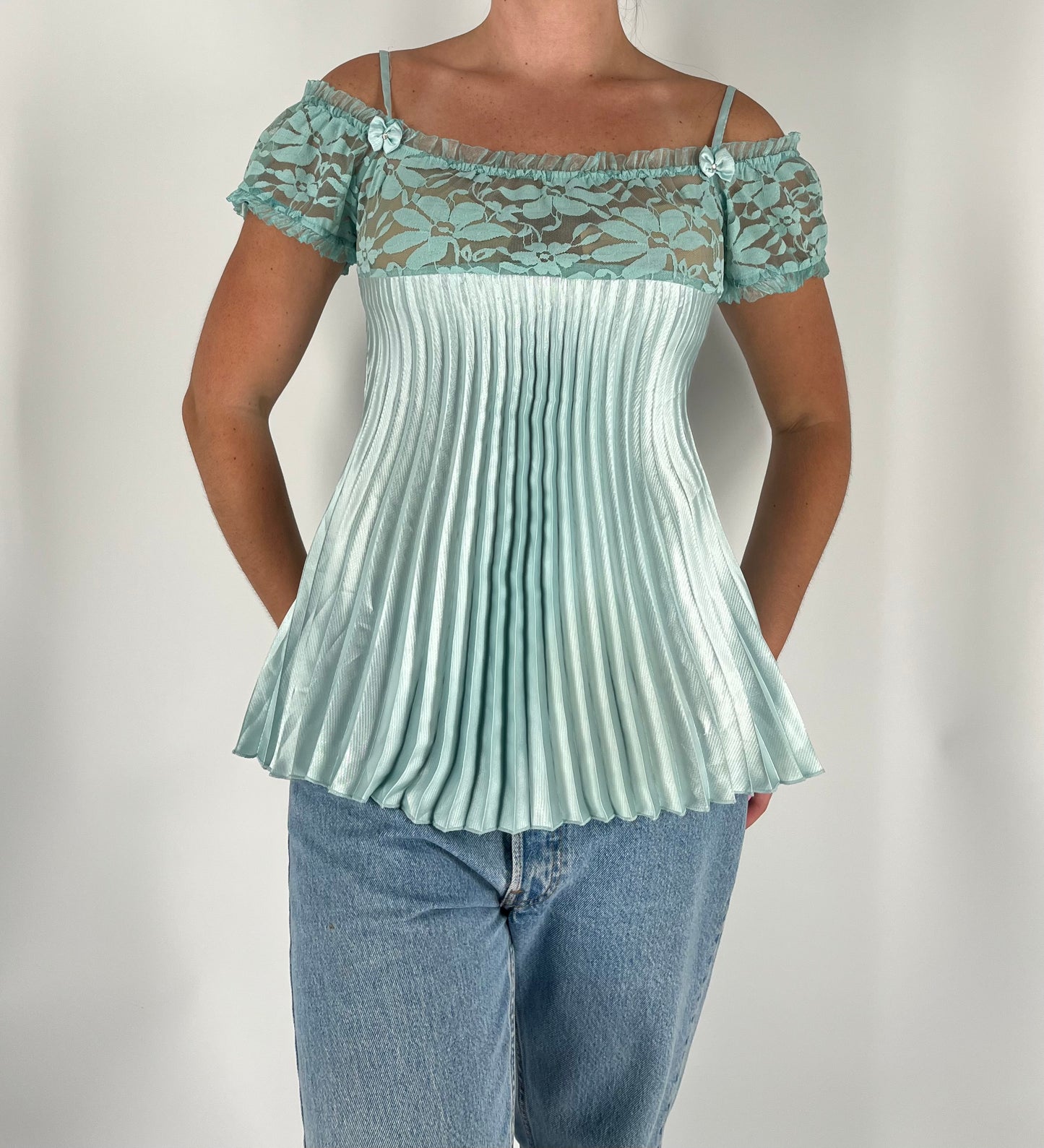 Babydoll Lace Tank With Bow Appliques and Satin Pleats