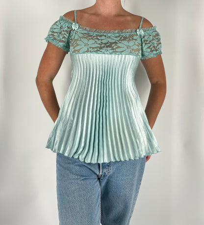 Babydoll Lace Tank With Bow Appliques and Satin Pleats