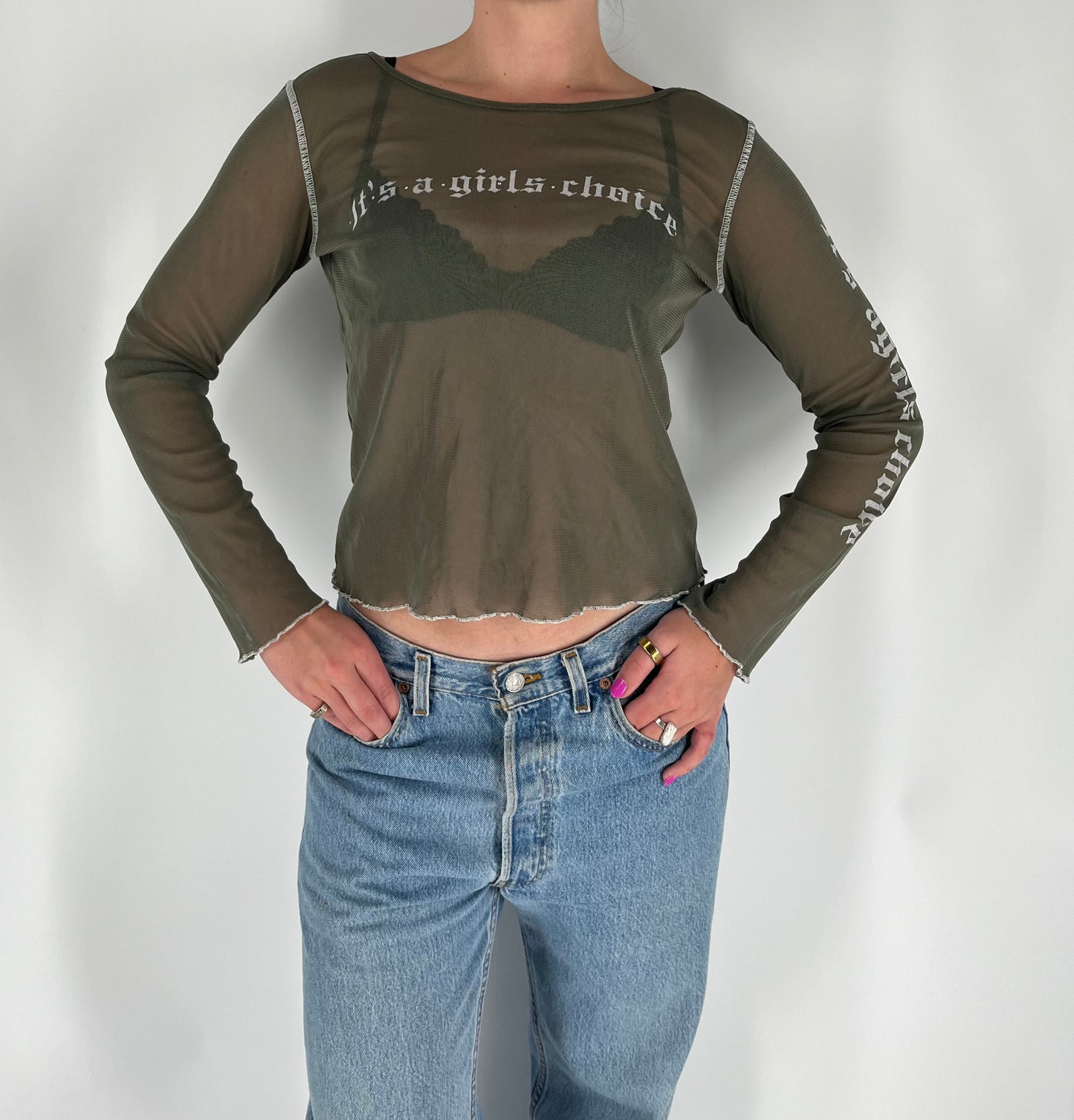 Mesh “It’s A Girl’s Choice” Long Sleeve Top With White Stitching