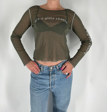 Mesh “It’s A Girl’s Choice” Long Sleeve Top With White Stitching