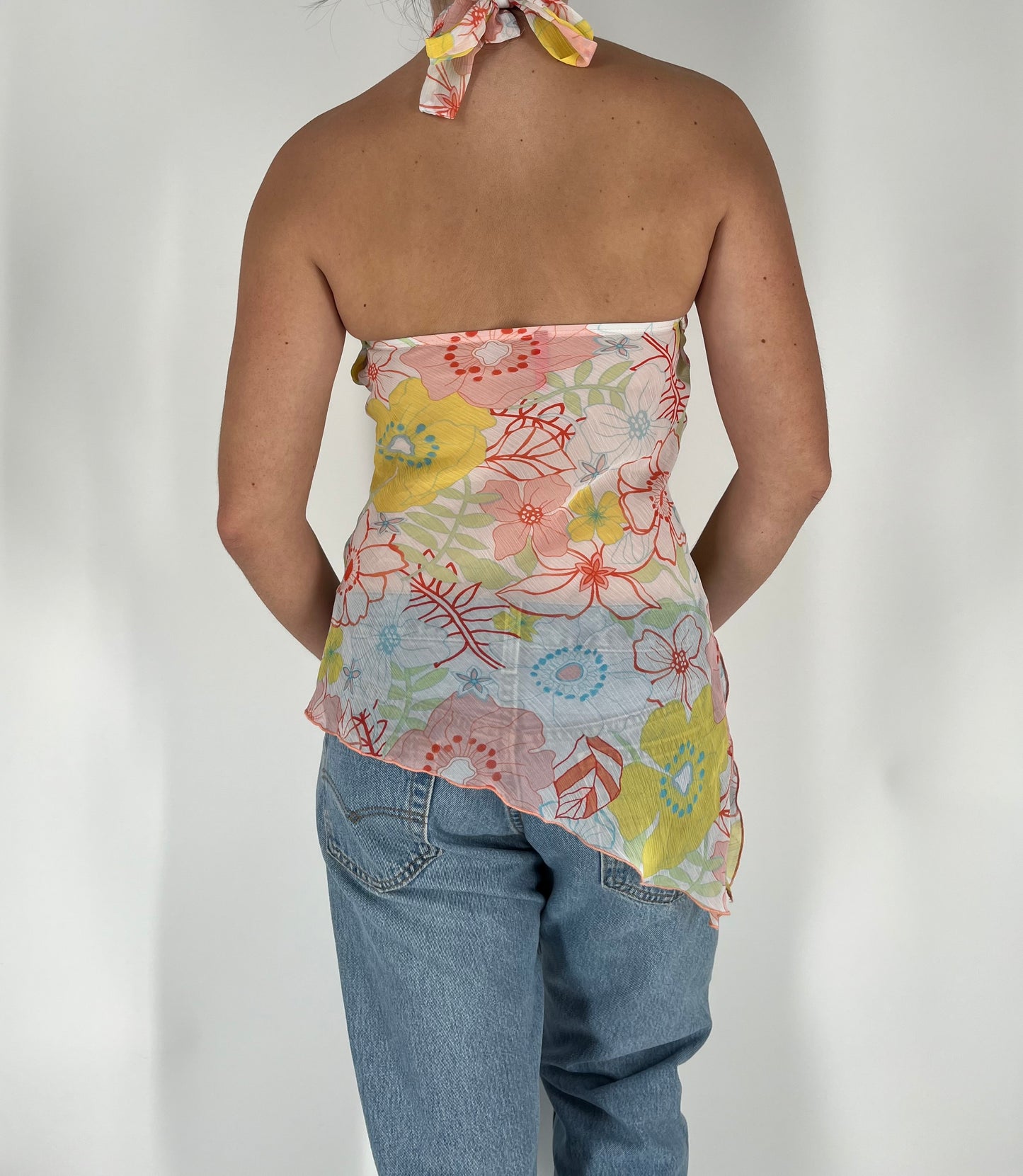 Sheer Floral Halter Tank With O Ring Detail