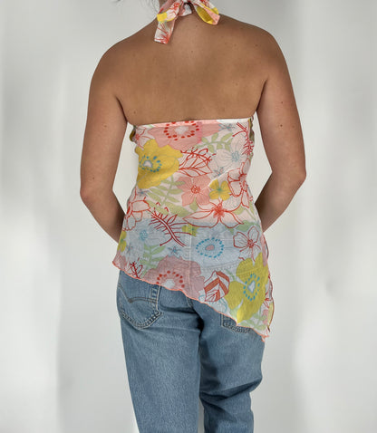 Sheer Floral Halter Tank With O Ring Detail