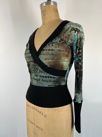 Euro-Style Mesh Printed Top With Knit Accents