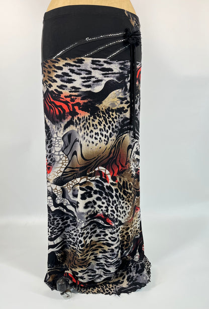 Abstract Cheetah Print Maxi Skirt With Rosette