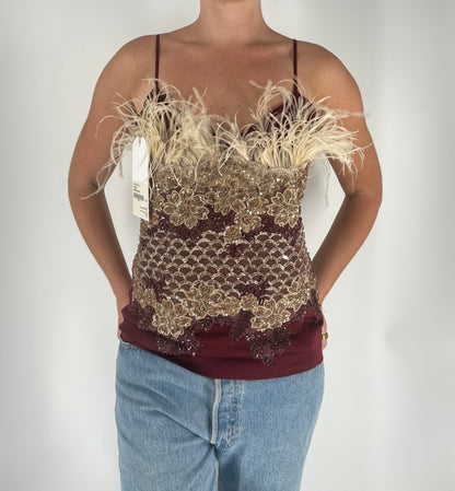 100% Silk Handmade Tank With Feathers and Beaded Appliqués