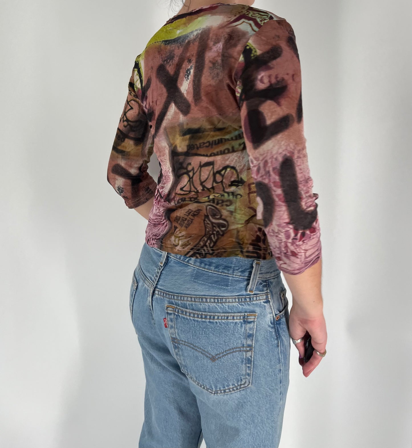 Made in France Mesh 3/4 Sleeve Graphic Top