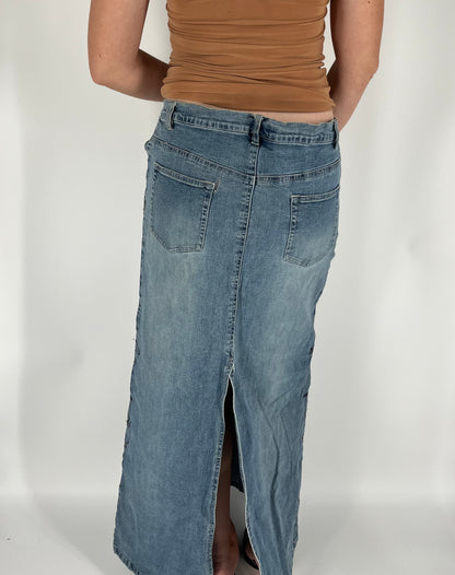 Denim Maxi Skirt With Embroidery Along Each Leg