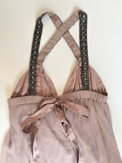 Silk and Velvet Dress with Beaded Chain Straps