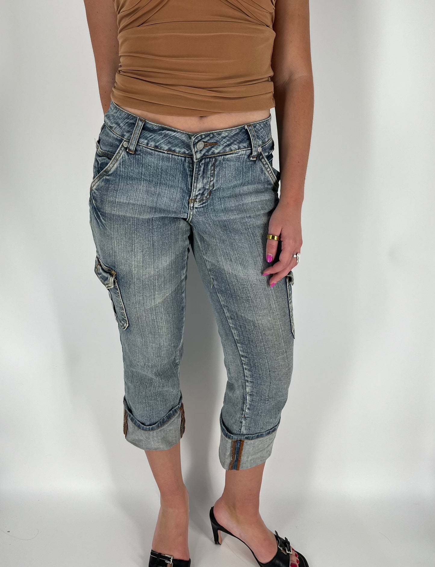 Y2K Mixed Wash Denim Cargo Capri Pants Cuffed at the Hem