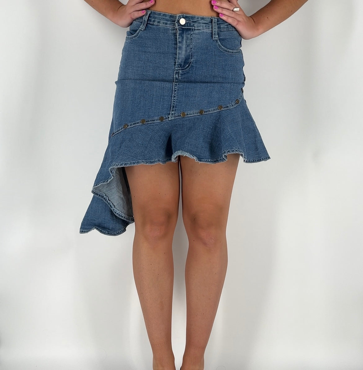 Y2K Ruffle Asymmetrical Denim Skirt With Studs