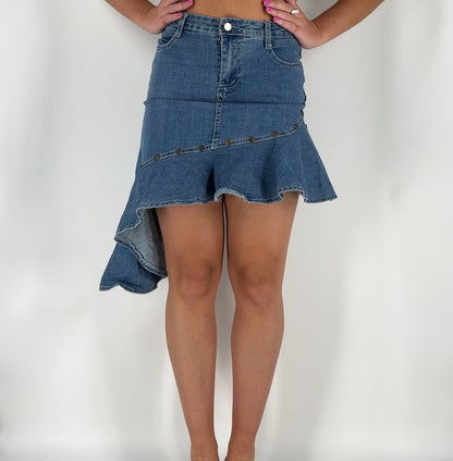 Y2K Ruffle Asymmetrical Denim Skirt With Studs