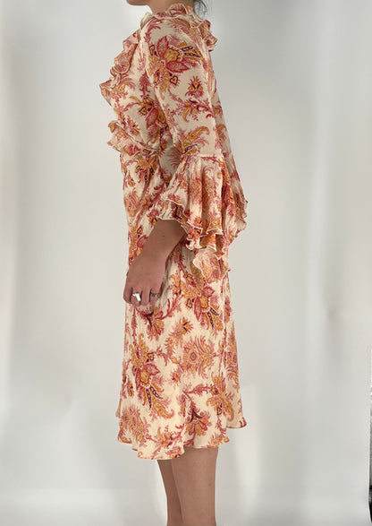 Bell Sleeve Ruffle Midi Dress With Floral Paisley Print