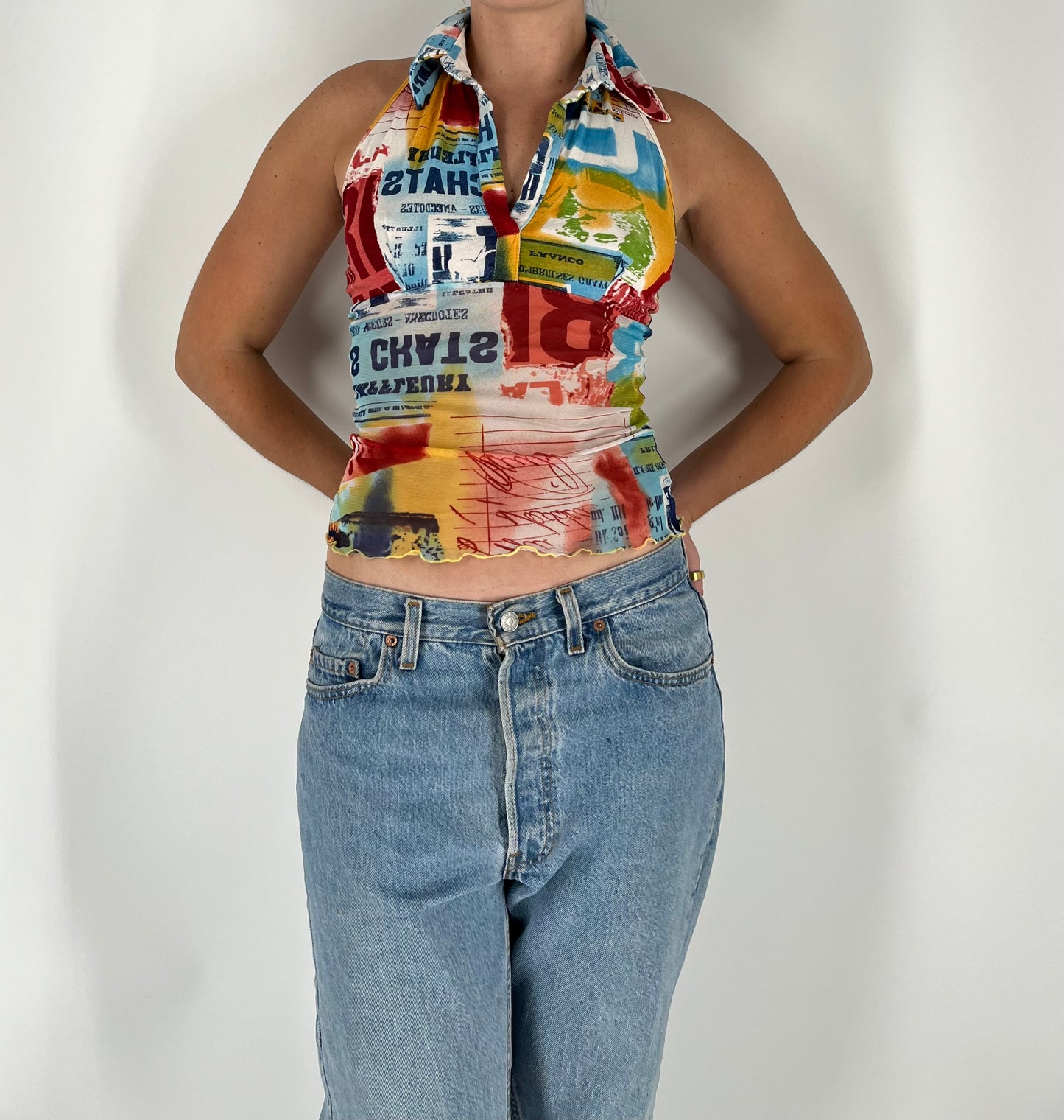 Retro Print Collared Tank With Micro Mesh and Lettuce Hem