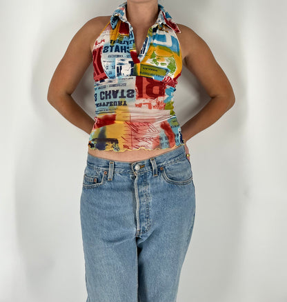 Retro Print Collared Tank With Micro Mesh and Lettuce Hem