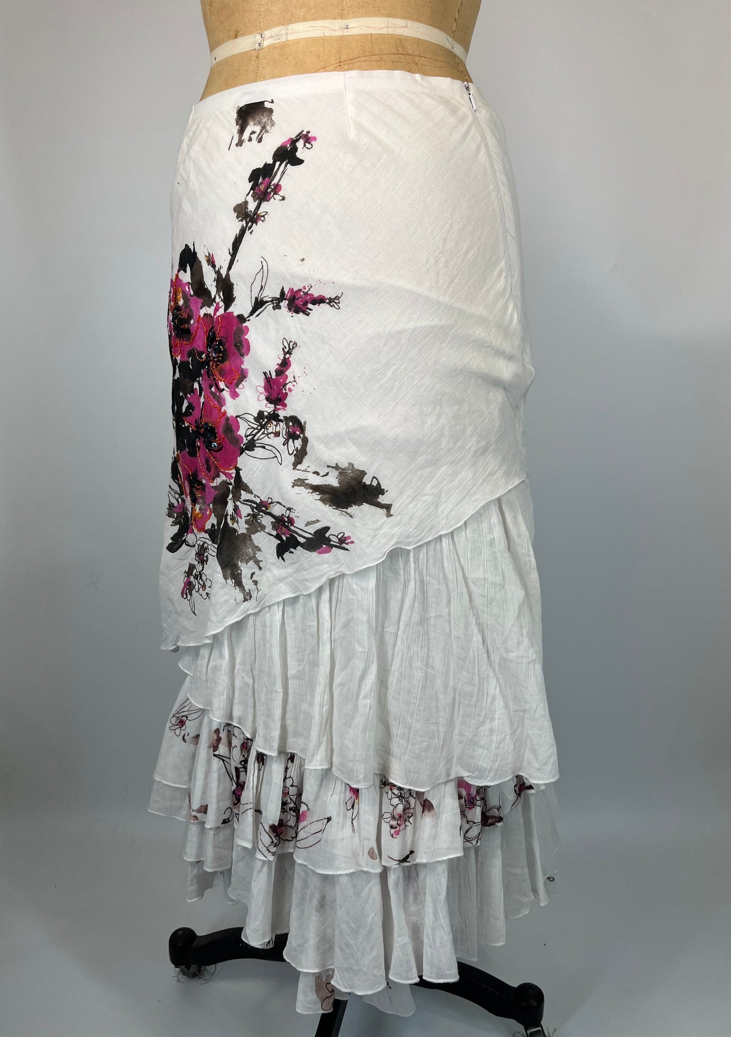 Floral Embroidered Ruffle Cotton Maxi Skirt