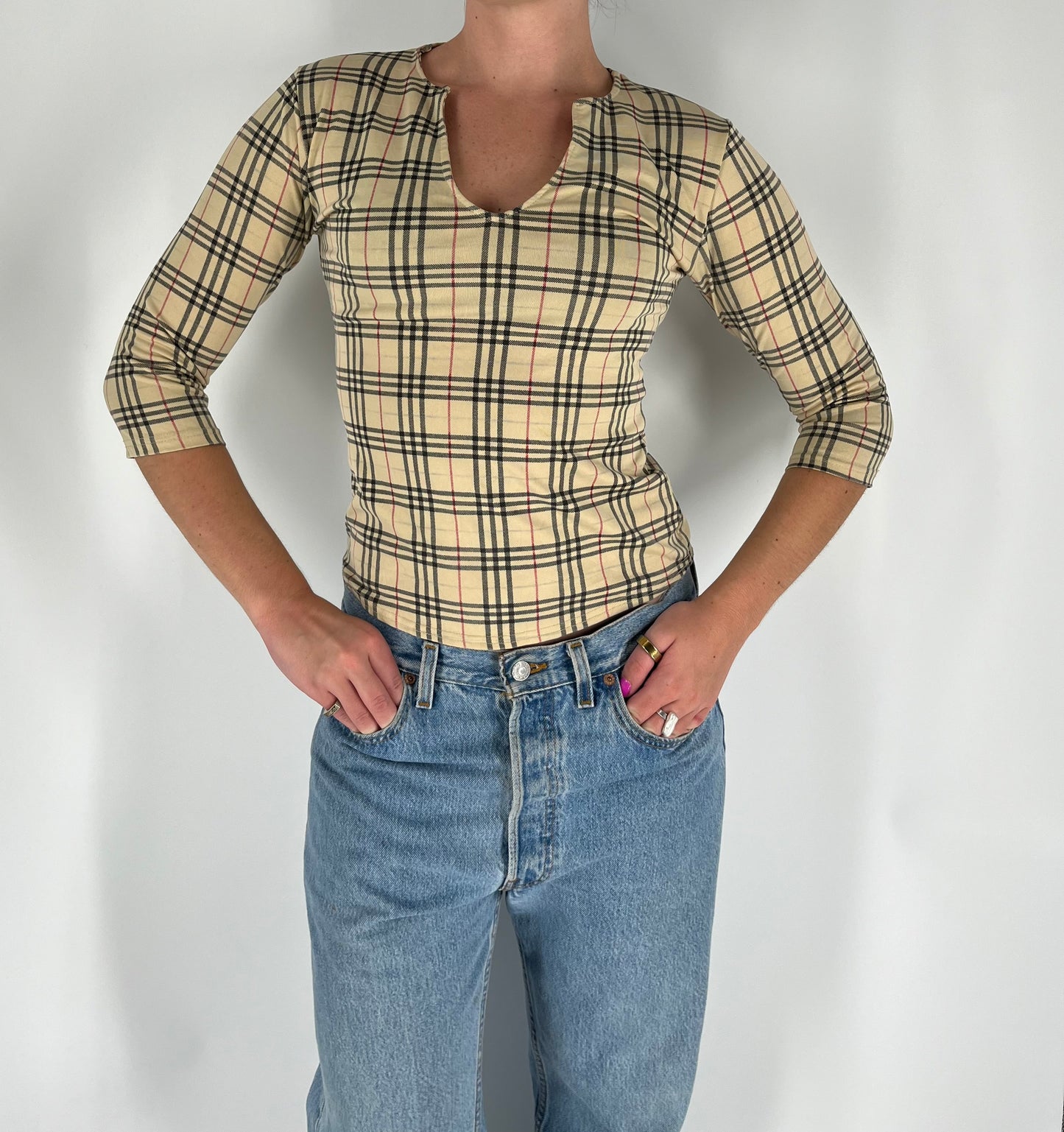 Burberry Inspired Plaid 3/4 Sleeve Top