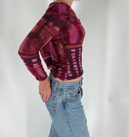 Made in France Off Shoulder Mesh Graphic Long Sleeve With Velvet Accents